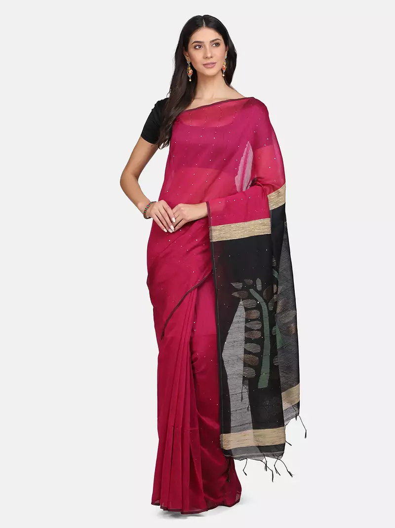 Pink woven silk cotton saree with blouse