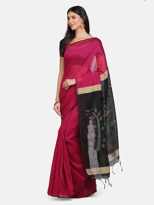 Pink woven silk cotton saree with blouse 2