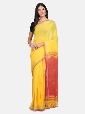 Yellow printed pure linen saree with blouse 1