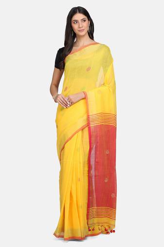 Yellow printed pure linen saree with blouse