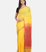 Yellow printed pure linen saree with blouse