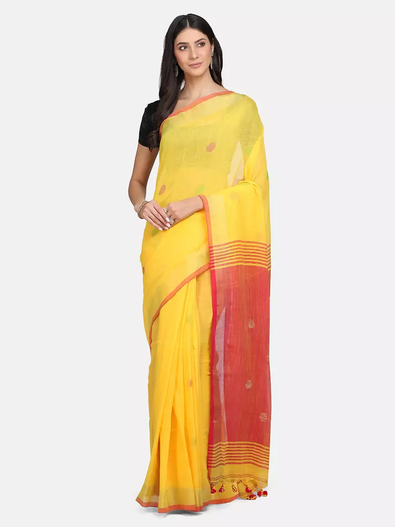 Yellow printed pure linen saree with blouse