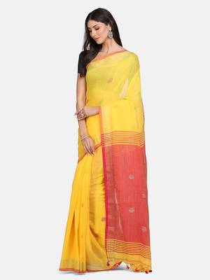 Yellow printed pure linen saree with blouse 2