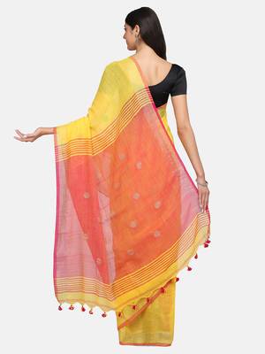Yellow printed pure linen saree with blouse 3
