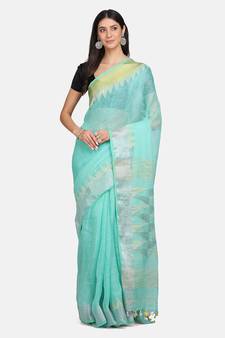 Blue woven pure linen saree with blouse