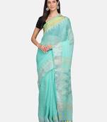 Blue woven pure linen saree with blouse
