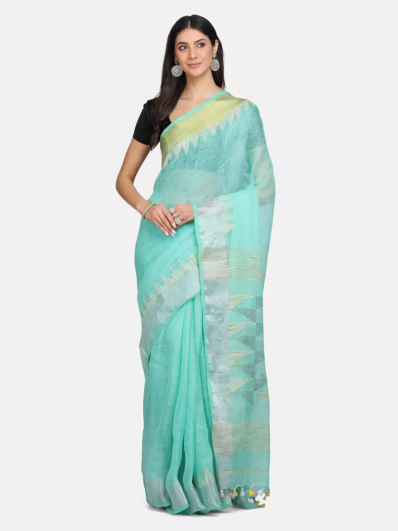 Blue woven pure linen saree with blouse
