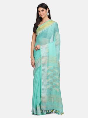 Blue woven pure linen saree with blouse 2