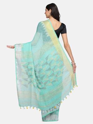 Blue woven pure linen saree with blouse 3