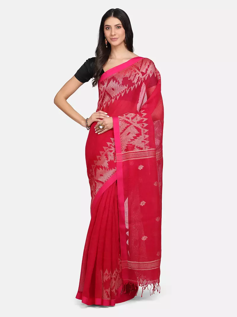 Pink woven pure linen saree with blouse