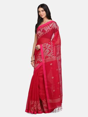 Pink woven pure linen saree with blouse 2