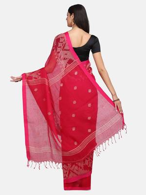Pink woven pure linen saree with blouse 3