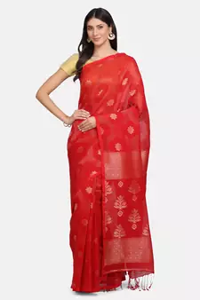 Red woven pure linen saree with blouse