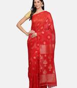 Red woven pure linen saree with blouse