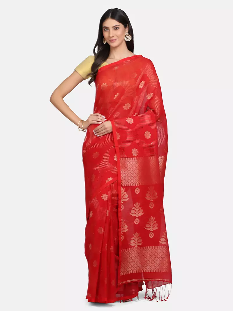Red woven pure linen saree with blouse