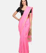 Pink woven silk cotton saree with blouse