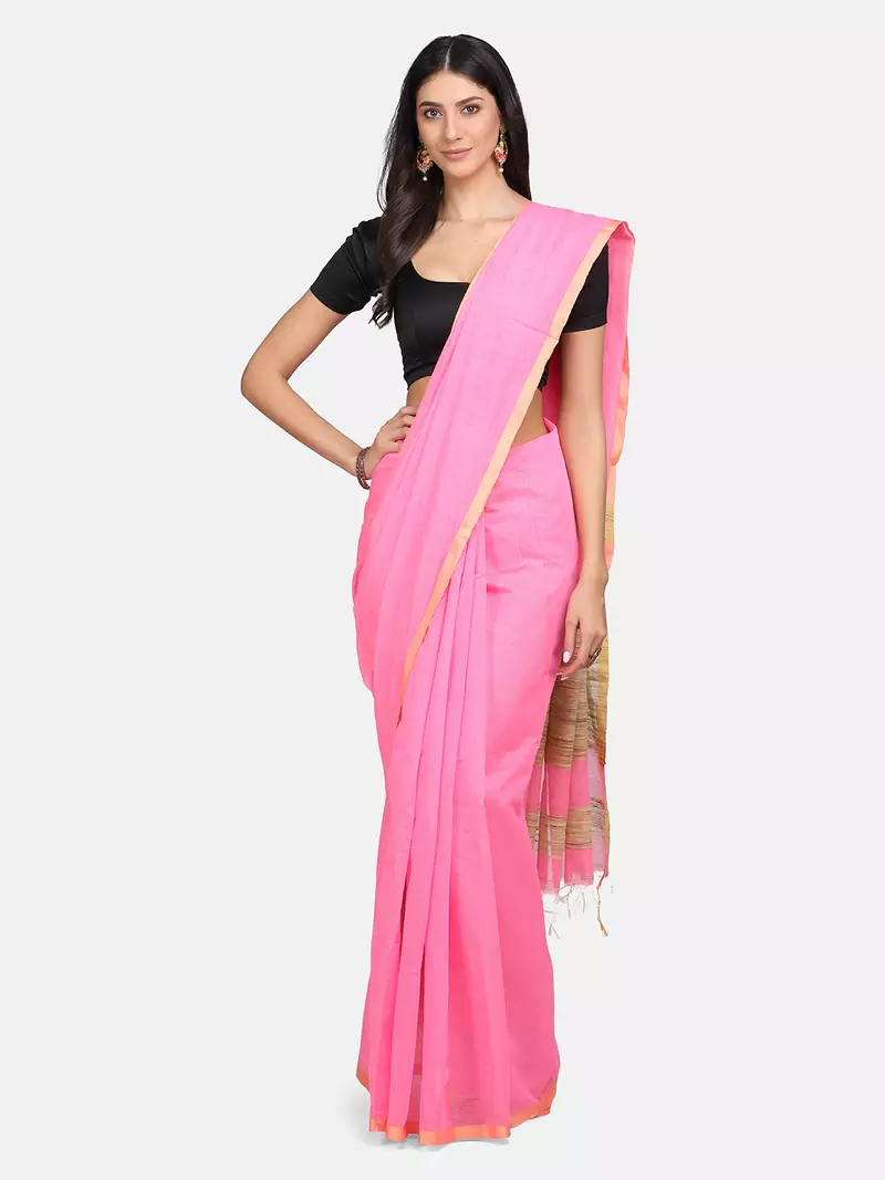 Pink woven silk cotton saree with blouse