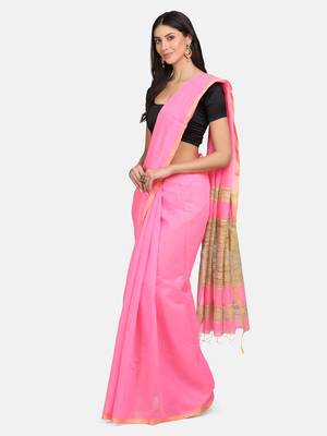 Pink woven silk cotton saree with blouse 2
