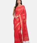 Pink woven silk cotton saree with blouse