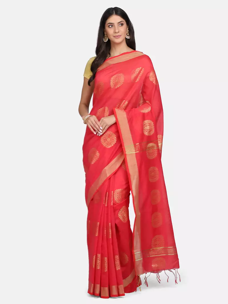 Pink woven silk cotton saree with blouse