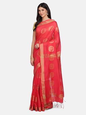 Pink woven silk cotton saree with blouse 2