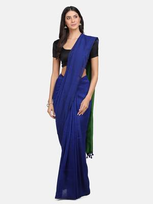 Blue woven pure linen saree with blouse 1