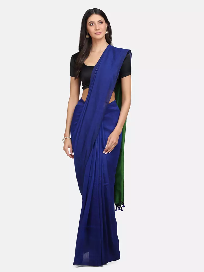 Blue woven pure linen saree with blouse