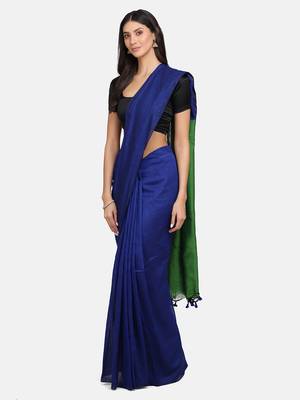 Blue woven pure linen saree with blouse 2