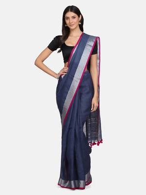 Grey woven pure linen saree with blouse 1