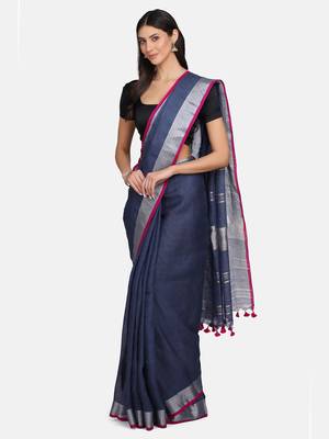 Grey woven pure linen saree with blouse 2