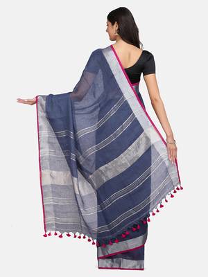 Grey woven pure linen saree with blouse 3