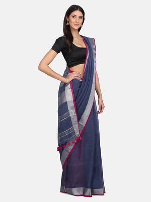 Grey woven pure linen saree with blouse 5