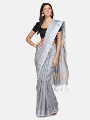 Grey woven pure linen saree with blouse 1