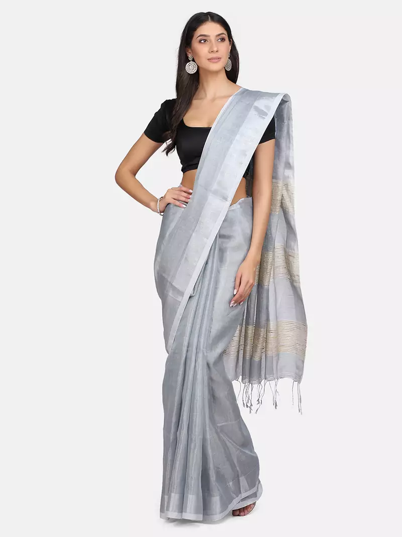 Grey woven pure linen saree with blouse