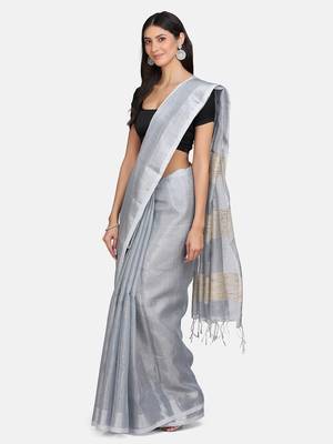 Grey woven pure linen saree with blouse 2