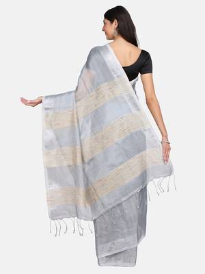 Grey woven pure linen saree with blouse 3