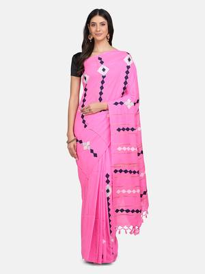 Pink woven pure linen saree with blouse 1