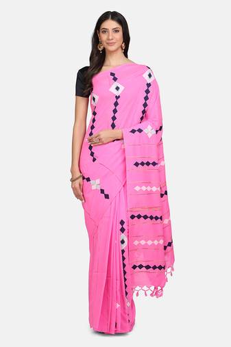 Pink woven pure linen saree with blouse