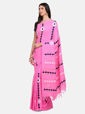 Pink woven pure linen saree with blouse 2