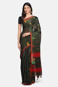 Brown woven pure linen saree with blouse