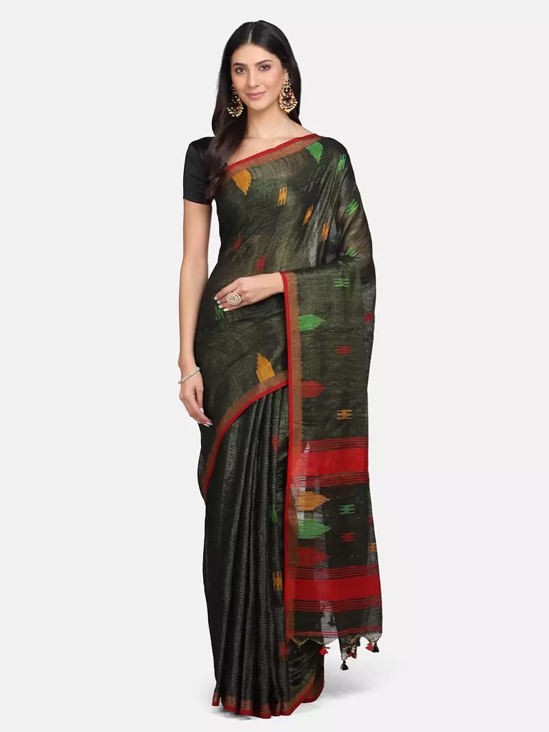 Brown woven pure linen saree with blouse