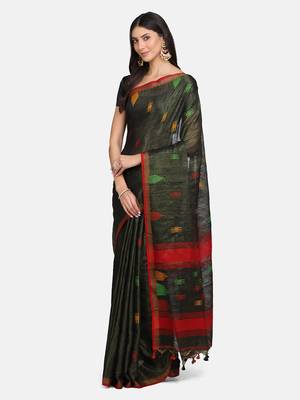Brown woven pure linen saree with blouse 2