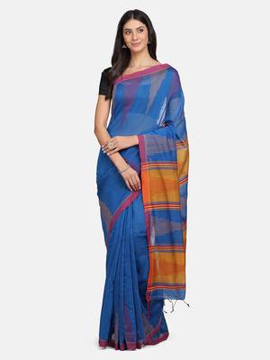 Blue plain silk cotton saree with blouse 2