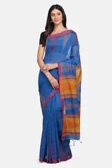 Blue plain silk cotton saree with blouse