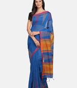 Blue plain silk cotton saree with blouse