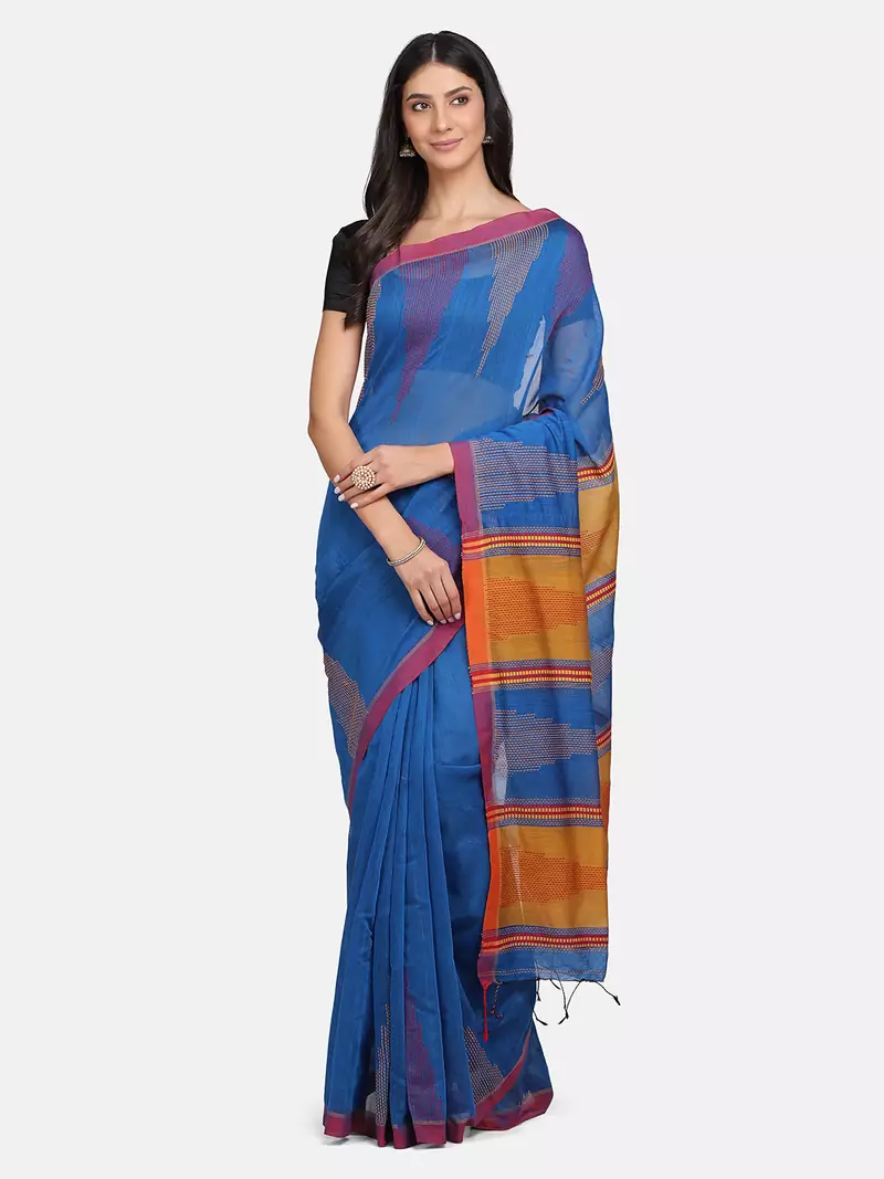 Blue plain silk cotton saree with blouse