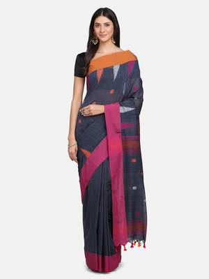 Green woven linen saree with blouse 1