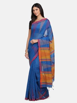 Blue plain silk cotton saree with blouse 3