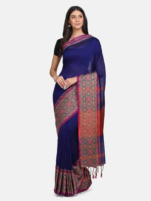 Blue plain pure linen saree with blouse 1