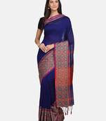 Blue plain pure linen saree with blouse